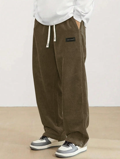 Mens Corduroy Casual Pants Fashion Loose Fit Wide Leg Pants Straight Sweatpants Elastic Waist Drawstring