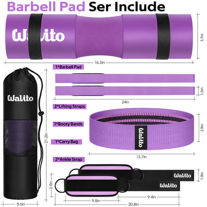 WALITO 7Pcs Barbell Pad Set for Hip Thrust - Squat Pad,Gym Accessories for Women with Bar Bad,Bench Press, with Gym Ankle Straps,Resistance Bands for Working Out,Lifting Strap,Carry Bag