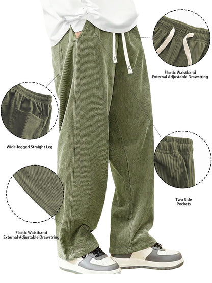 Mens Corduroy Casual Pants Fashion Loose Fit Wide Leg Pants Straight Sweatpants Elastic Waist Drawstring