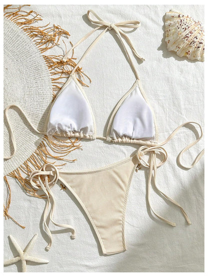 Women's 2 Piece Sexy Halter Triangle Bikinis Seashell Tie