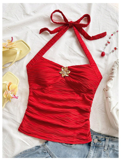 Women's V Neck Halter Tops Open Back