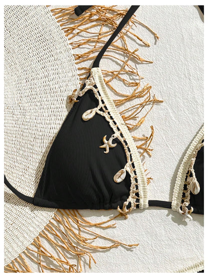 Women's 2 Piece Sexy Halter Triangle Bikinis Seashell Tie