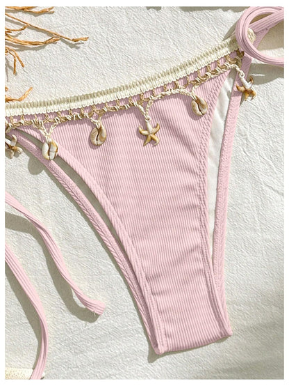Women's 2 Piece Sexy Halter Triangle Bikinis Seashell Tie