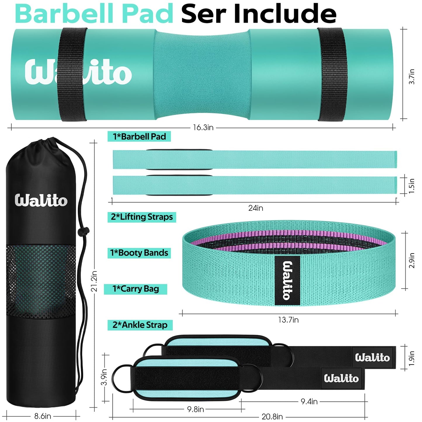 WALITO 7Pcs Barbell Pad Set for Hip Thrust - Squat Pad,Gym Accessories for Women with Bar Bad,Bench Press, with Gym Ankle Straps,Resistance Bands for Working Out,Lifting Strap,Carry Bag