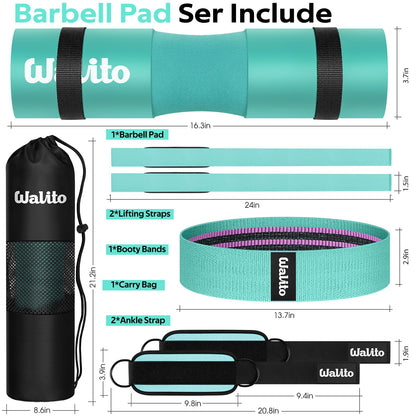 WALITO 7Pcs Barbell Pad Set for Hip Thrust - Squat Pad,Gym Accessories for Women with Bar Bad,Bench Press, with Gym Ankle Straps,Resistance Bands for Working Out,Lifting Strap,Carry Bag