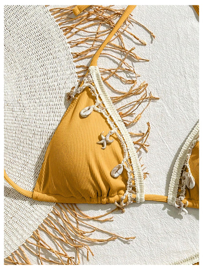 Women's 2 Piece Sexy Halter Triangle Bikinis Seashell Tie