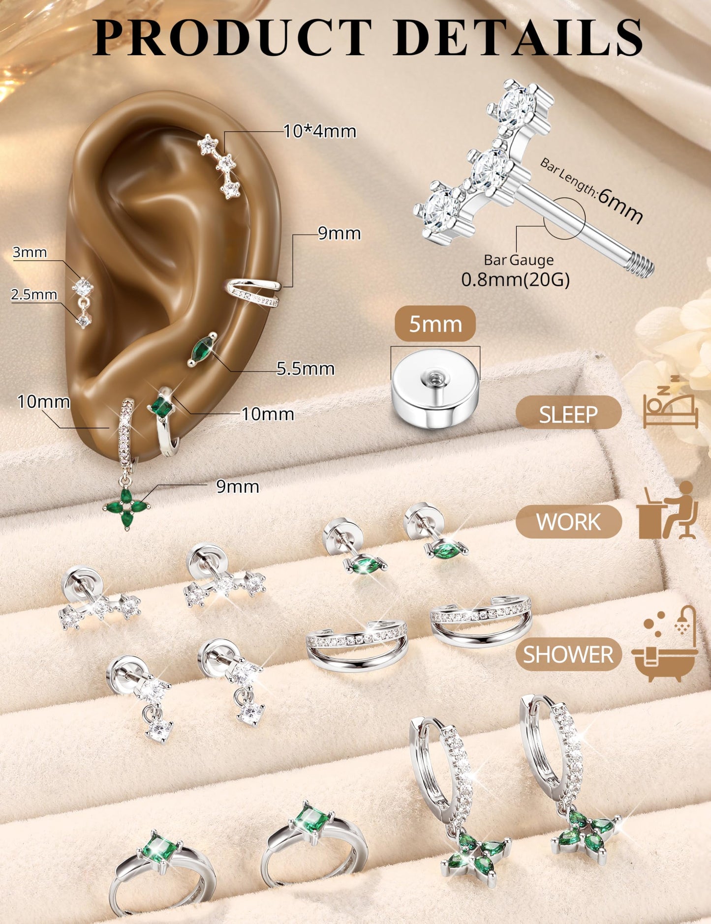 6 Pairs Silver Earrings Stacks for Women