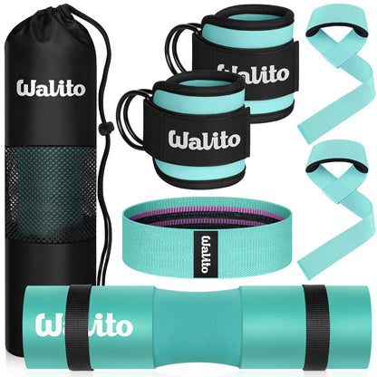 WALITO 7Pcs Barbell Pad Set for Hip Thrust - Squat Pad,Gym Accessories for Women with Bar Bad,Bench Press, with Gym Ankle Straps,Resistance Bands for Working Out,Lifting Strap,Carry Bag