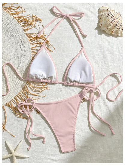 Women's 2 Piece Sexy Halter Triangle Bikinis Seashell Tie
