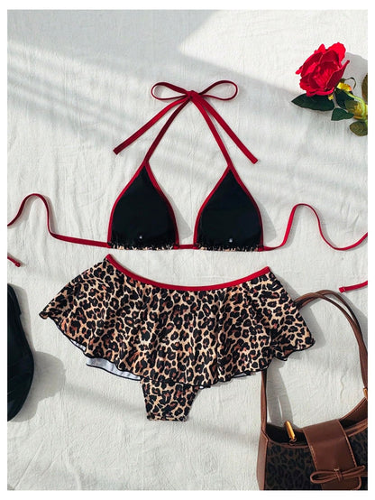 Women's 2 Piece Leopard Ruffle Bikini Sets Triangle Halter