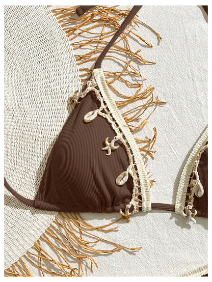 Women's 2 Piece Sexy Halter Triangle Bikinis Seashell Tie