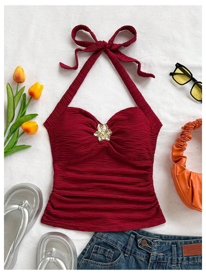 Women's V Neck Halter Tops Open Back