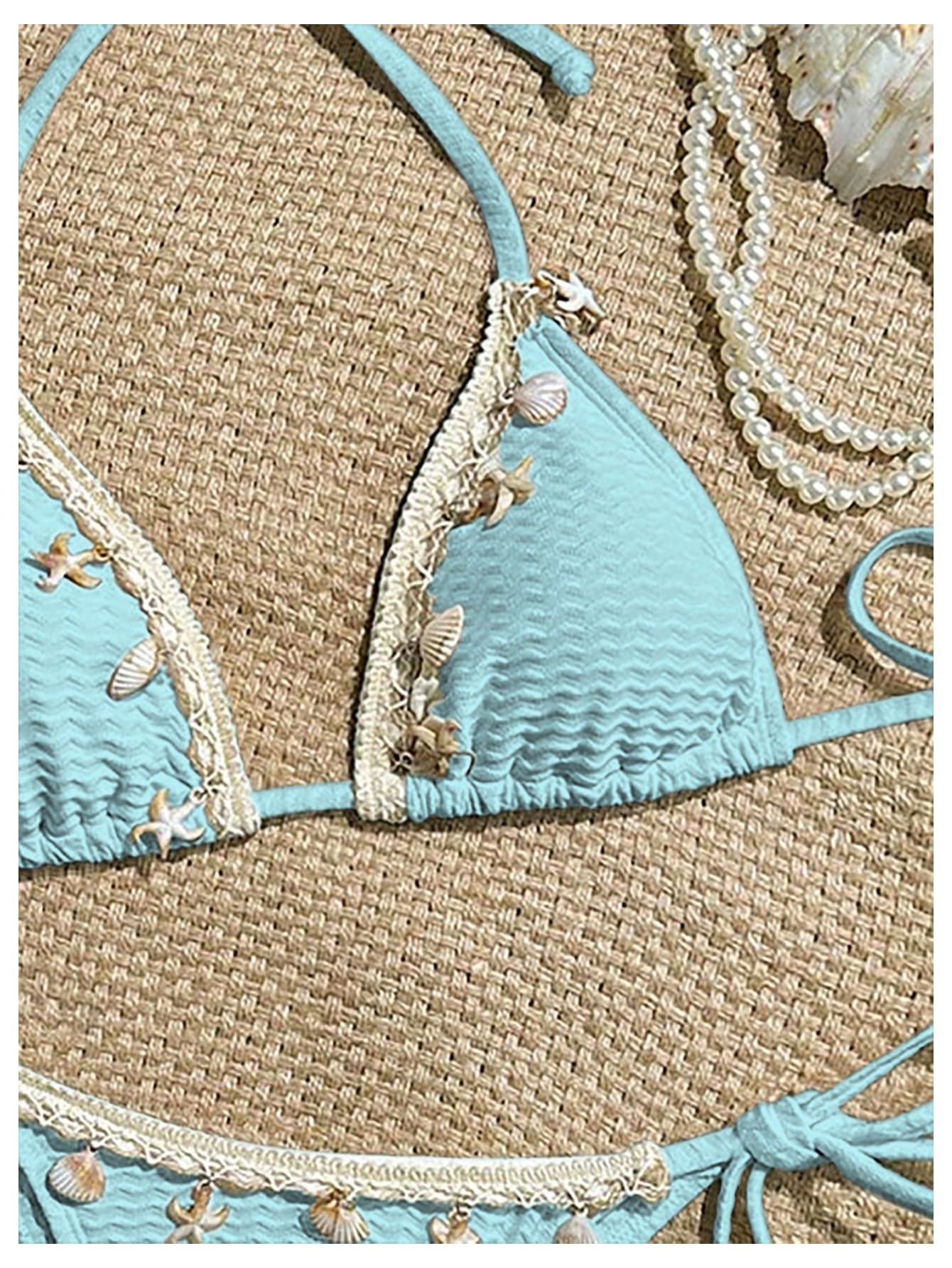 Women's 2 Piece Sexy Halter Triangle Bikinis Seashell Tie