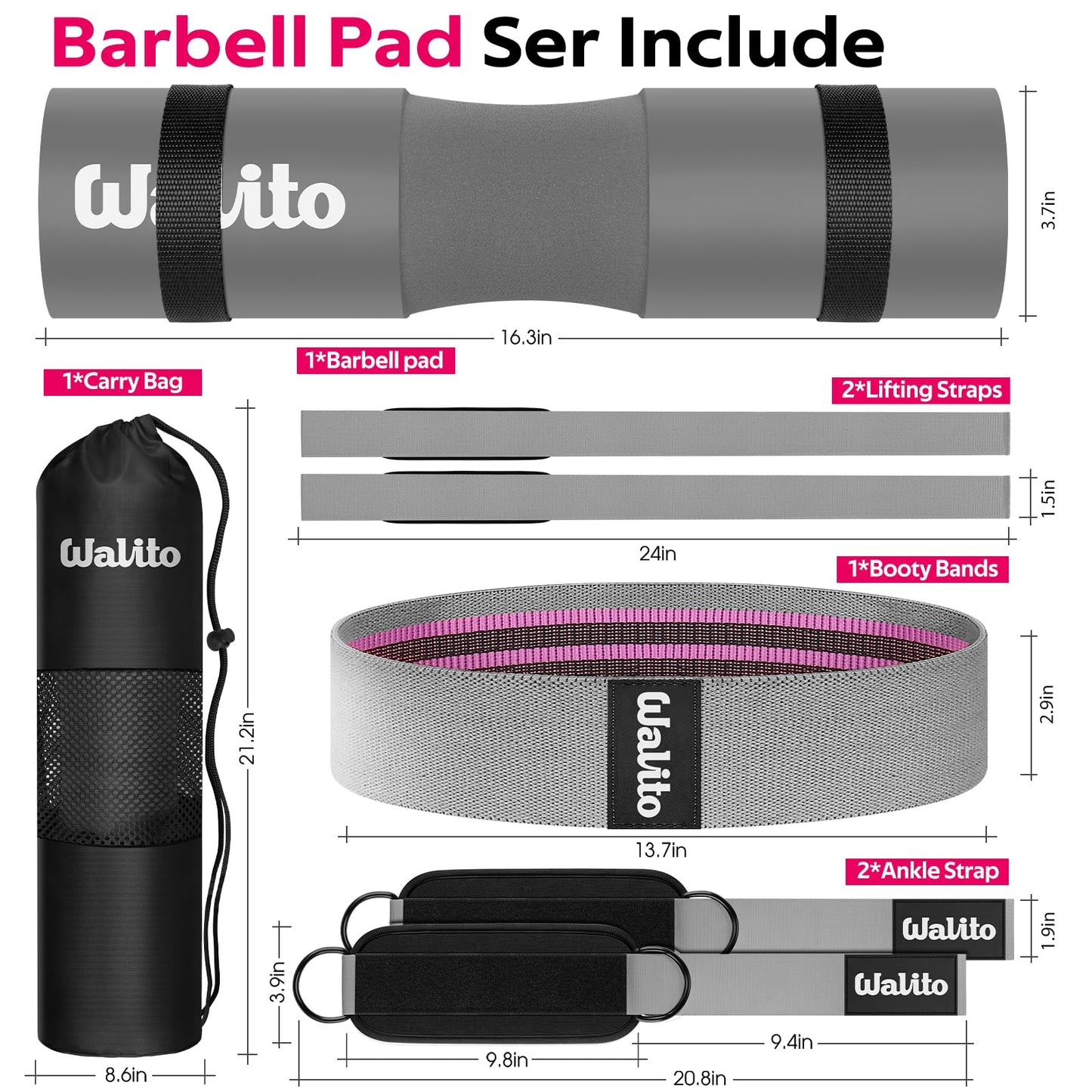 WALITO 7Pcs Barbell Pad Set for Hip Thrust - Squat Pad,Gym Accessories for Women with Bar Bad,Bench Press, with Gym Ankle Straps,Resistance Bands for Working Out,Lifting Strap,Carry Bag