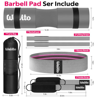 WALITO 7Pcs Barbell Pad Set for Hip Thrust - Squat Pad,Gym Accessories for Women with Bar Bad,Bench Press, with Gym Ankle Straps,Resistance Bands for Working Out,Lifting Strap,Carry Bag