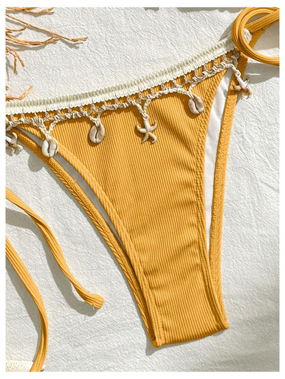 Women's 2 Piece Sexy Halter Triangle Bikinis Seashell Tie