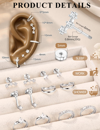 6 Pairs Silver Earrings Stacks for Women