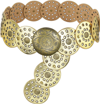 Wide Disc Belt for Women Vintage Hollow Boho Leather Belt Western Chunky Waist Belt Cowboy Metal Buckle Concho Belts