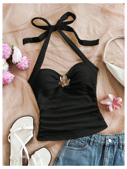 Women's V Neck Halter Tops Open Back