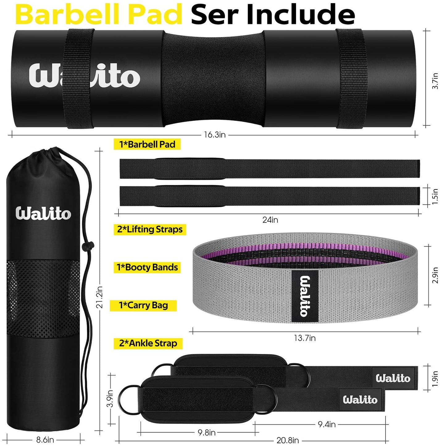 WALITO 7Pcs Barbell Pad Set for Hip Thrust - Squat Pad,Gym Accessories for Women with Bar Bad,Bench Press, with Gym Ankle Straps,Resistance Bands for Working Out,Lifting Strap,Carry Bag