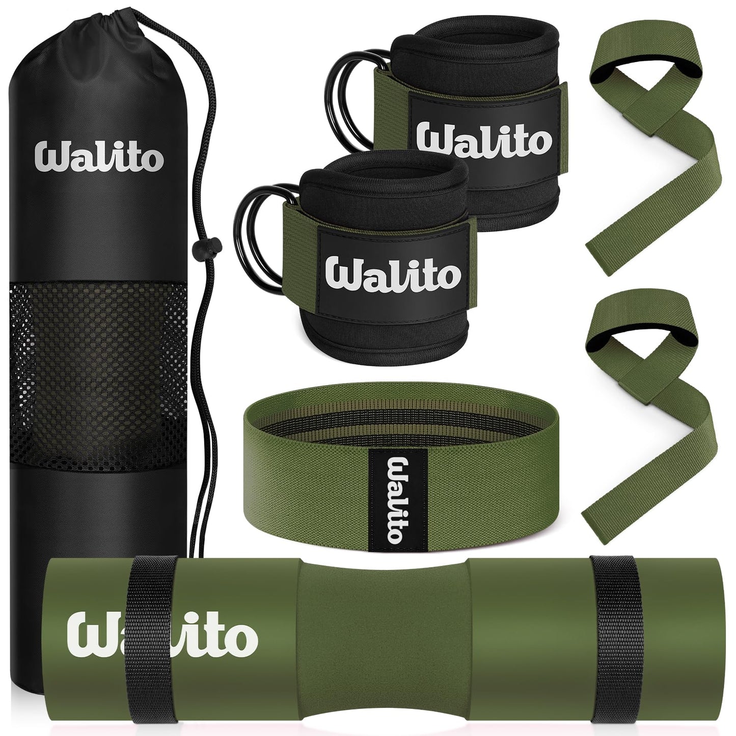 WALITO 7Pcs Barbell Pad Set for Hip Thrust - Squat Pad,Gym Accessories for Women with Bar Bad,Bench Press, with Gym Ankle Straps,Resistance Bands for Working Out,Lifting Strap,Carry Bag