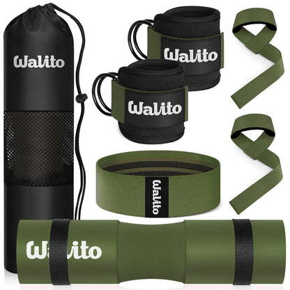 WALITO 7Pcs Barbell Pad Set for Hip Thrust - Squat Pad,Gym Accessories for Women with Bar Bad,Bench Press, with Gym Ankle Straps,Resistance Bands for Working Out,Lifting Strap,Carry Bag
