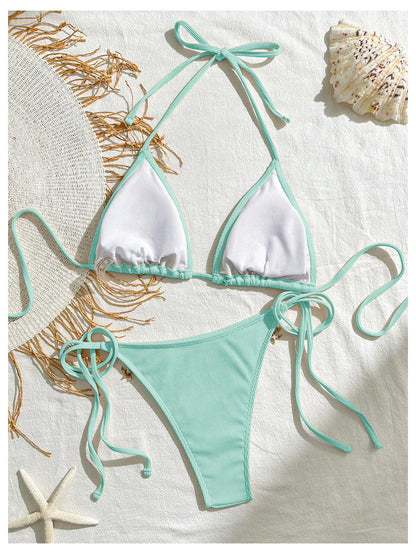 Women's 2 Piece Sexy Halter Triangle Bikinis Seashell Tie