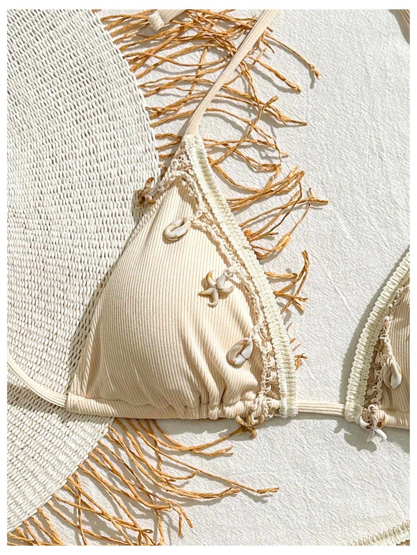 Women's 2 Piece Sexy Halter Triangle Bikinis Seashell Tie