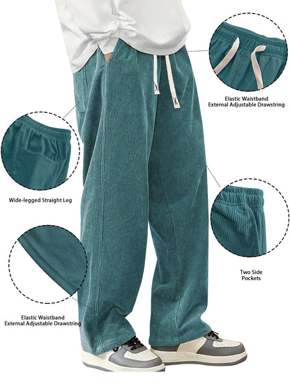 Mens Corduroy Casual Pants Fashion Loose Fit Wide Leg Pants Straight Sweatpants Elastic Waist Drawstring