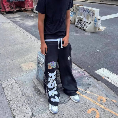 Double Waisted Sweatpants Men Graphic Embroider Y2k Sweatpants