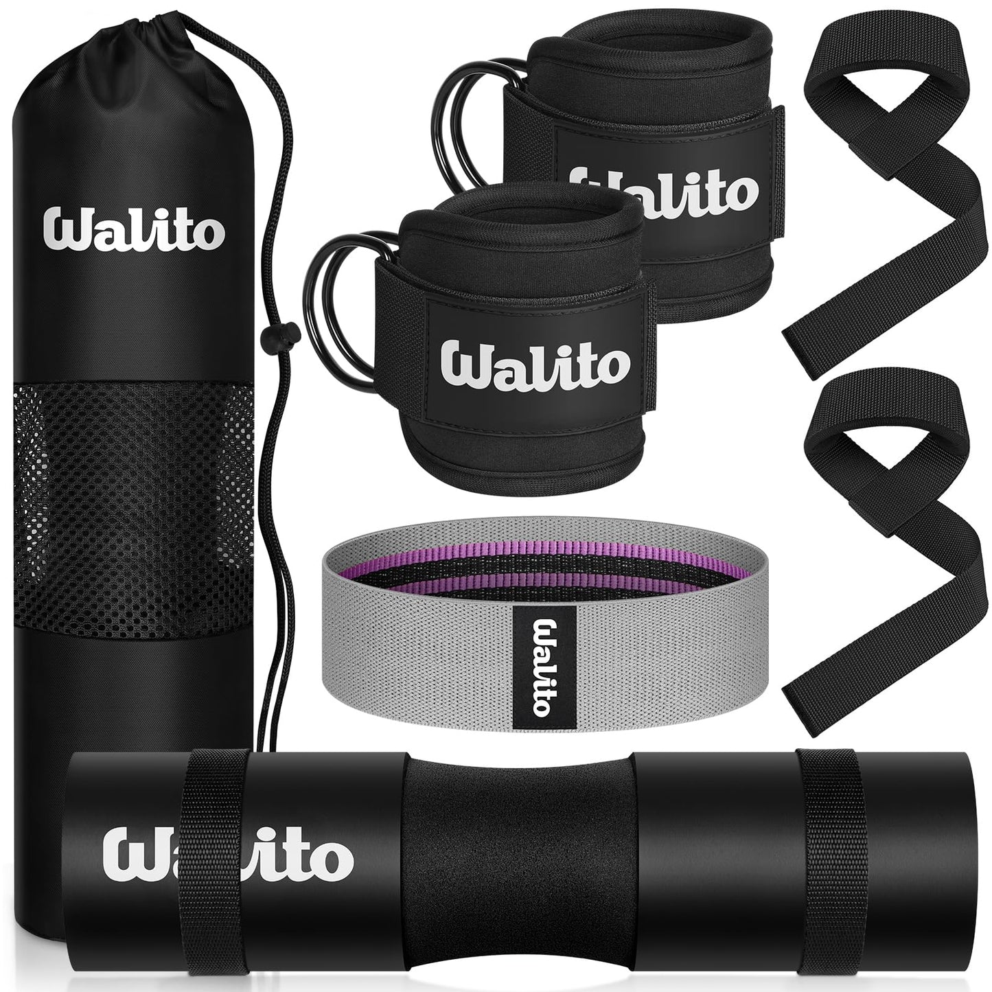 WALITO 7Pcs Barbell Pad Set for Hip Thrust - Squat Pad,Gym Accessories for Women with Bar Bad,Bench Press, with Gym Ankle Straps,Resistance Bands for Working Out,Lifting Strap,Carry Bag
