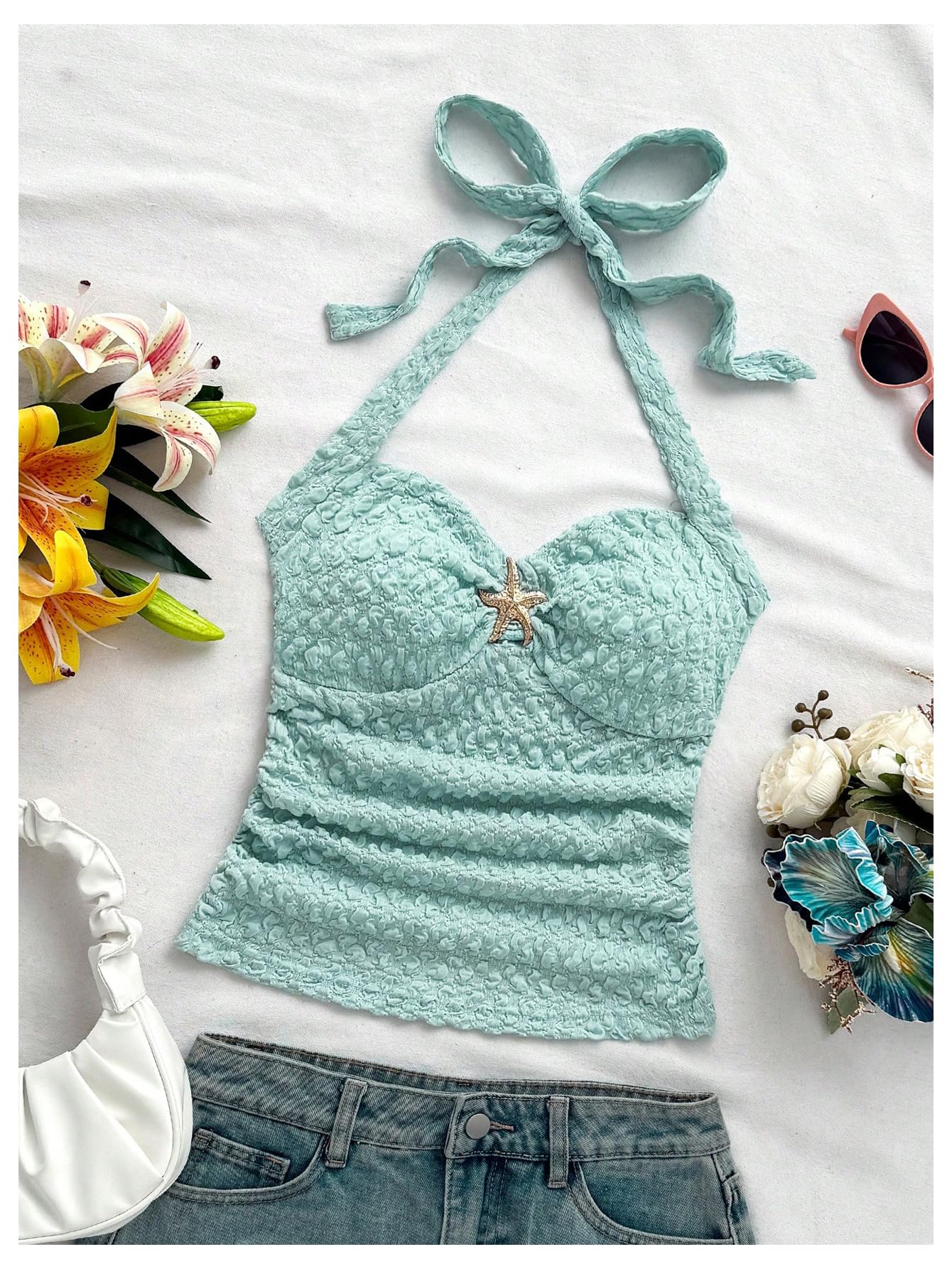 Women's V Neck Halter Tops Open Back