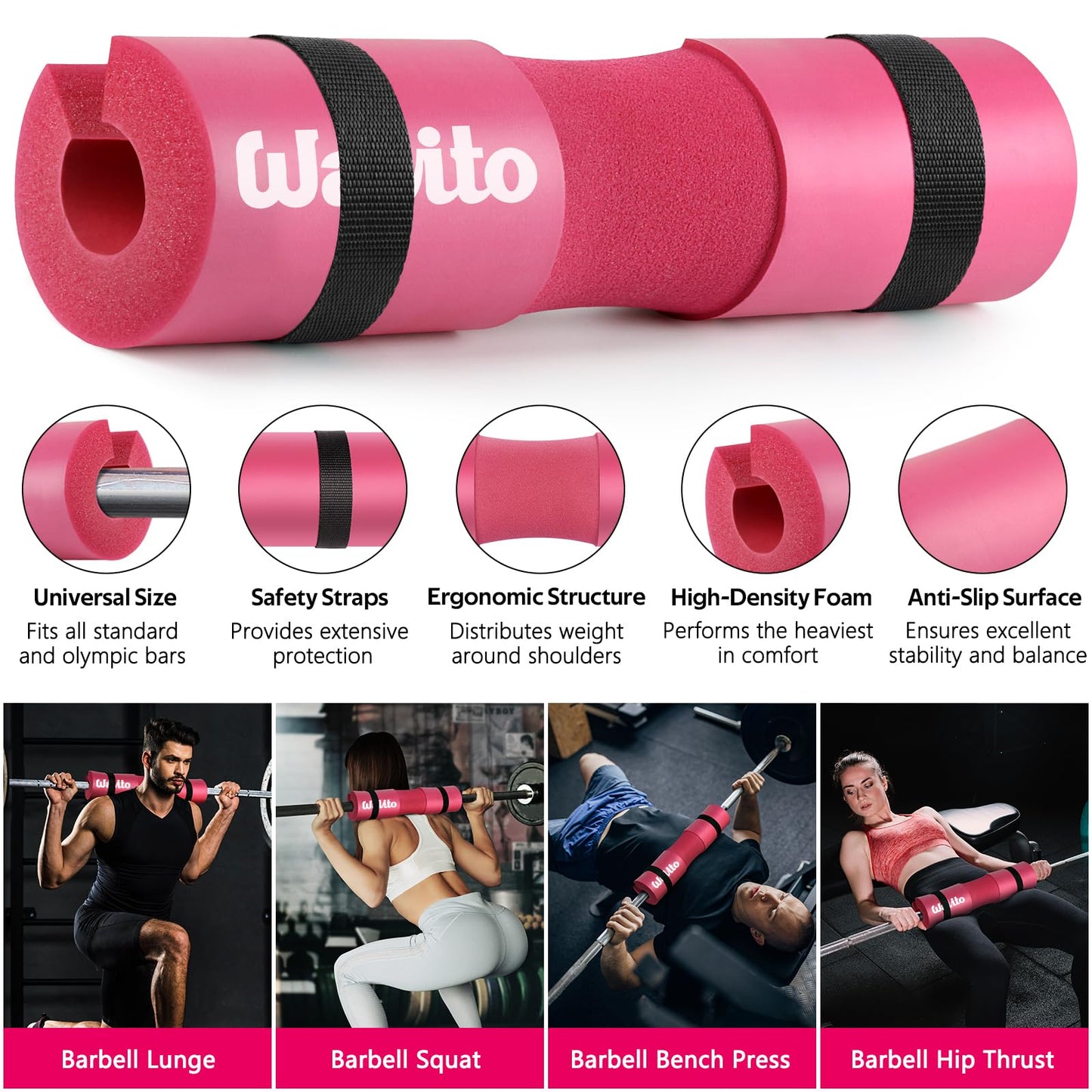 WALITO 7Pcs Barbell Pad Set for Hip Thrust - Squat Pad,Gym Accessories for Women with Bar Bad,Bench Press, with Gym Ankle Straps,Resistance Bands for Working Out,Lifting Strap,Carry Bag