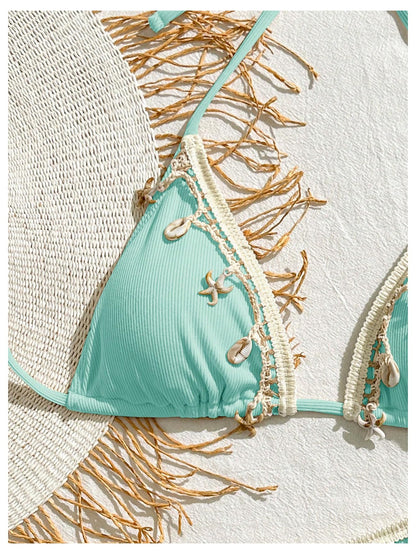 Women's 2 Piece Sexy Halter Triangle Bikinis Seashell Tie
