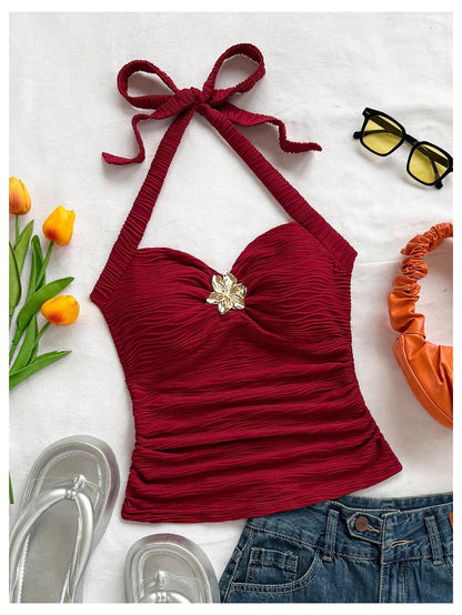 Women's V Neck Halter Tops Open Back