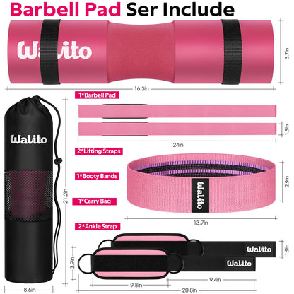 WALITO 7Pcs Barbell Pad Set for Hip Thrust - Squat Pad,Gym Accessories for Women with Bar Bad,Bench Press, with Gym Ankle Straps,Resistance Bands for Working Out,Lifting Strap,Carry Bag