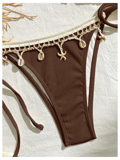 Women's 2 Piece Sexy Halter Triangle Bikinis Seashell Tie