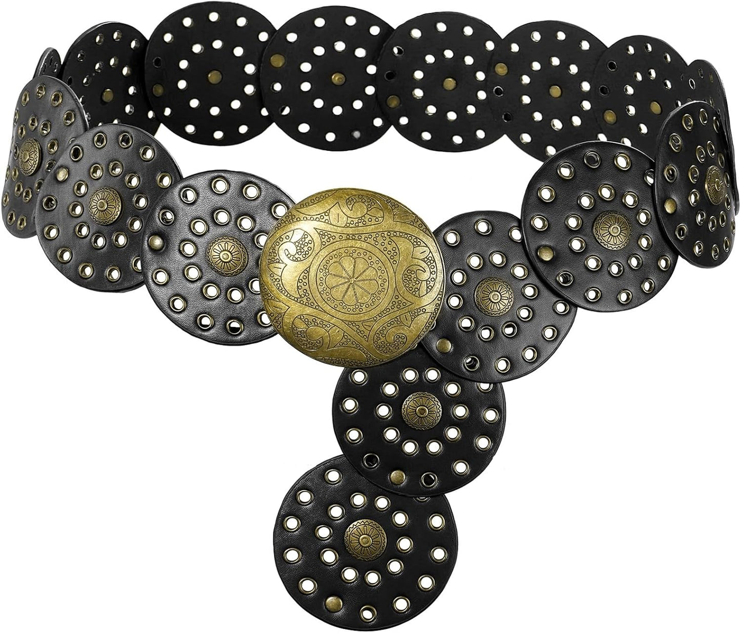 Wide Disc Belt for Women Vintage Hollow Boho Leather Belt Western Chunky Waist Belt Cowboy Metal Buckle Concho Belts