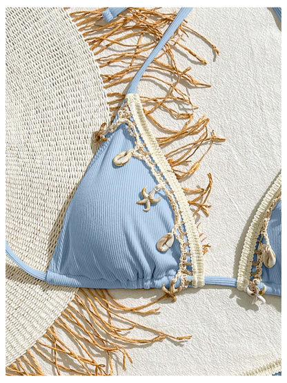 Women's 2 Piece Sexy Halter Triangle Bikinis Seashell Tie