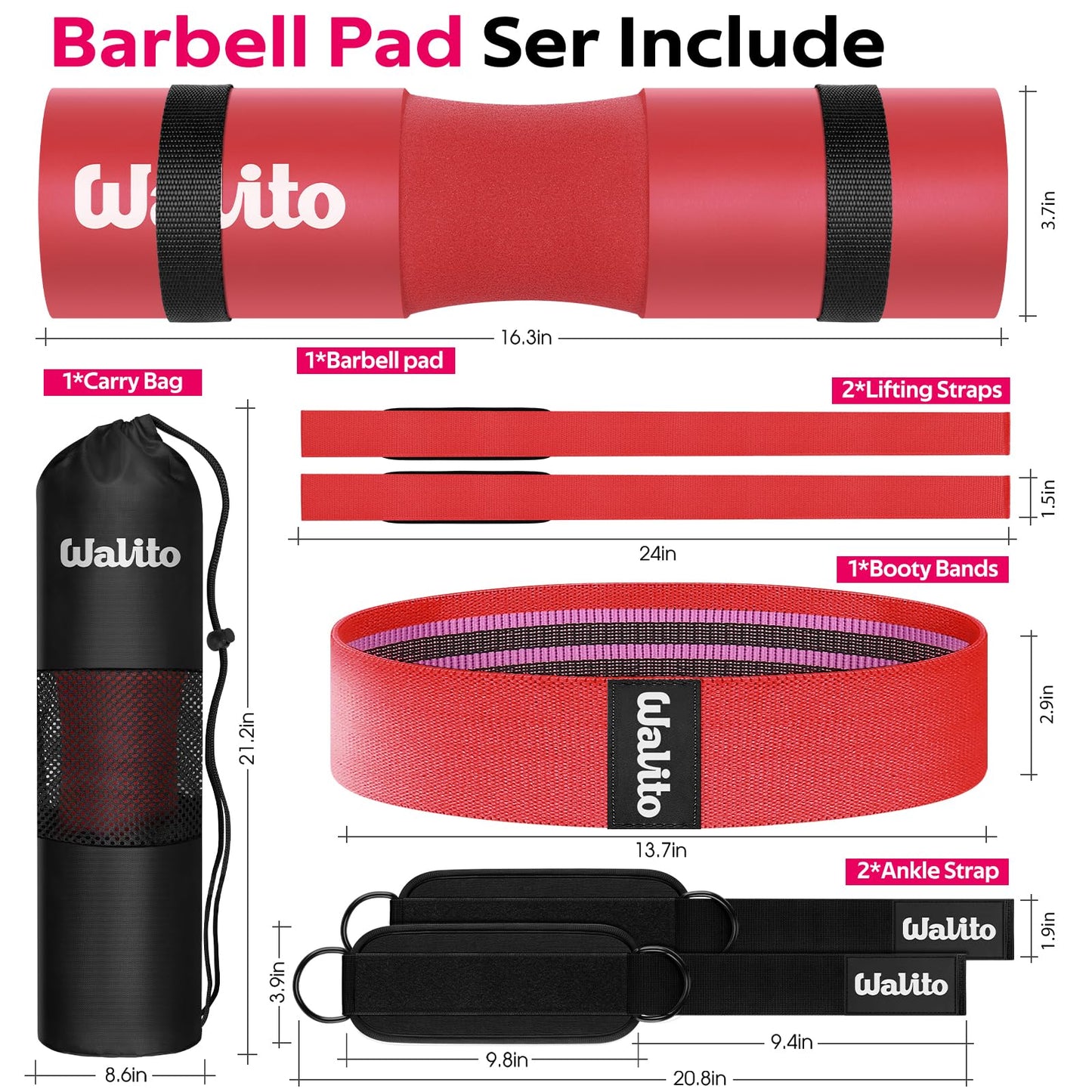 WALITO 7Pcs Barbell Pad Set for Hip Thrust - Squat Pad,Gym Accessories for Women with Bar Bad,Bench Press, with Gym Ankle Straps,Resistance Bands for Working Out,Lifting Strap,Carry Bag