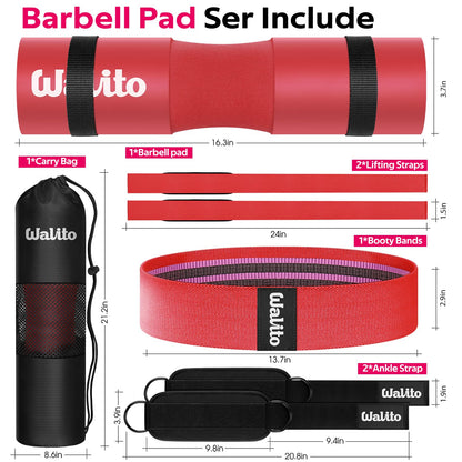WALITO 7Pcs Barbell Pad Set for Hip Thrust - Squat Pad,Gym Accessories for Women with Bar Bad,Bench Press, with Gym Ankle Straps,Resistance Bands for Working Out,Lifting Strap,Carry Bag
