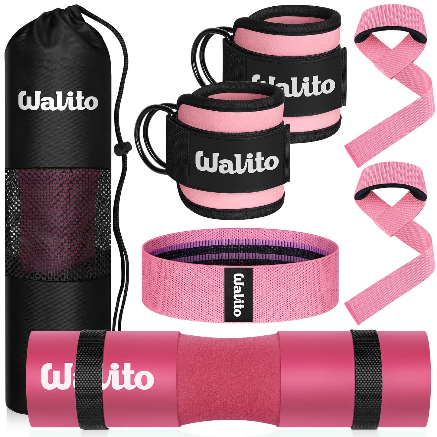 WALITO 7Pcs Barbell Pad Set for Hip Thrust - Squat Pad,Gym Accessories for Women with Bar Bad,Bench Press, with Gym Ankle Straps,Resistance Bands for Working Out,Lifting Strap,Carry Bag