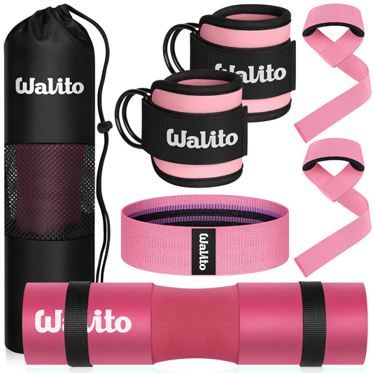 WALITO 7Pcs Barbell Pad Set for Hip Thrust - Squat Pad,Gym Accessories for Women with Bar Bad,Bench Press, with Gym Ankle Straps,Resistance Bands for Working Out,Lifting Strap,Carry Bag