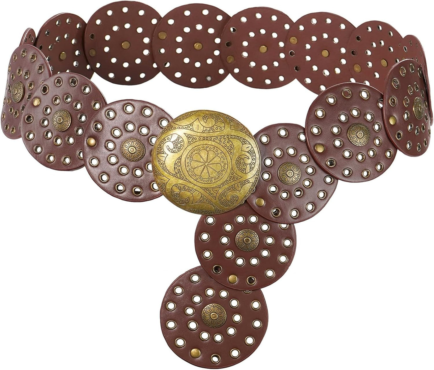 Wide Disc Belt for Women Vintage Hollow Boho Leather Belt Western Chunky Waist Belt Cowboy Metal Buckle Concho Belts