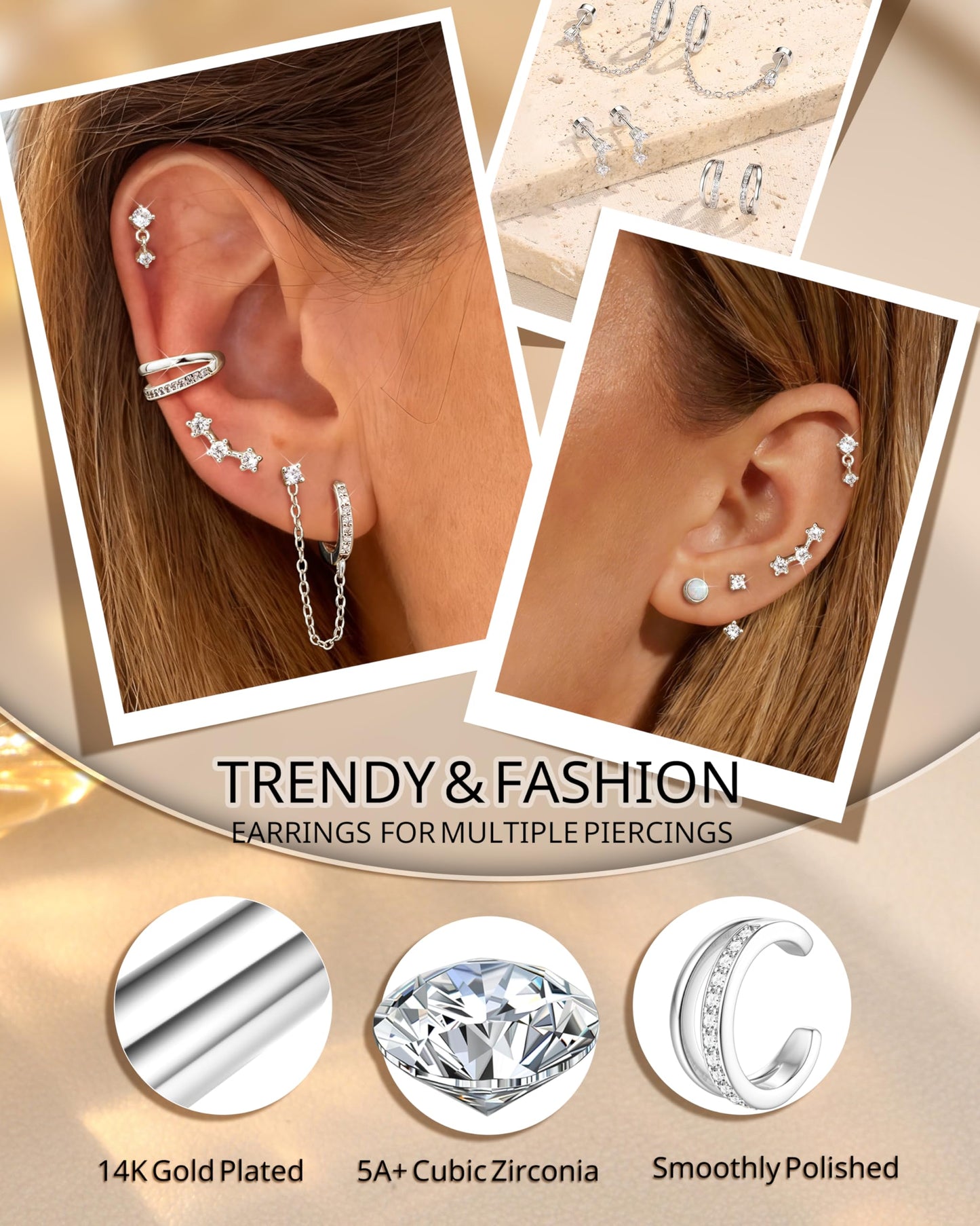 6 Pairs Silver Earrings Stacks for Women