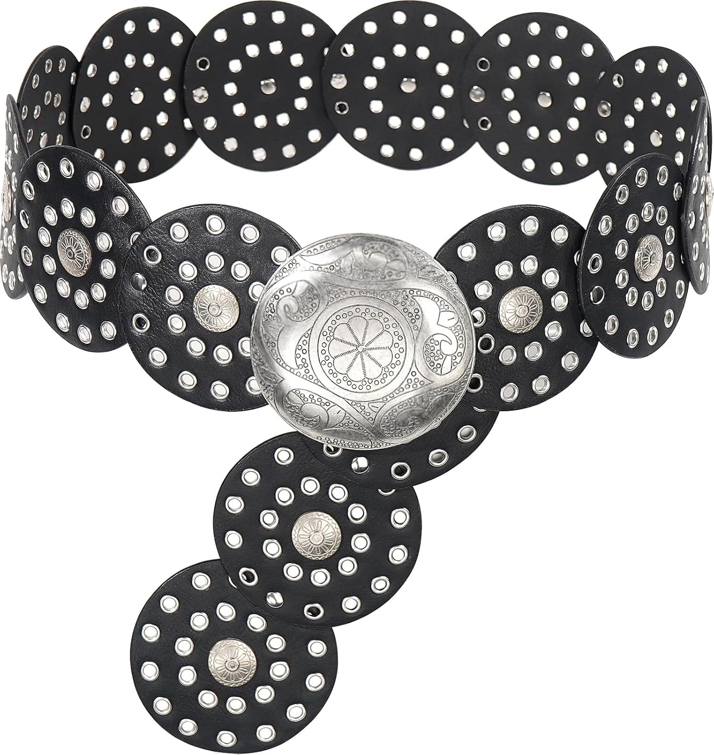 Wide Disc Belt for Women Vintage Hollow Boho Leather Belt Western Chunky Waist Belt Cowboy Metal Buckle Concho Belts