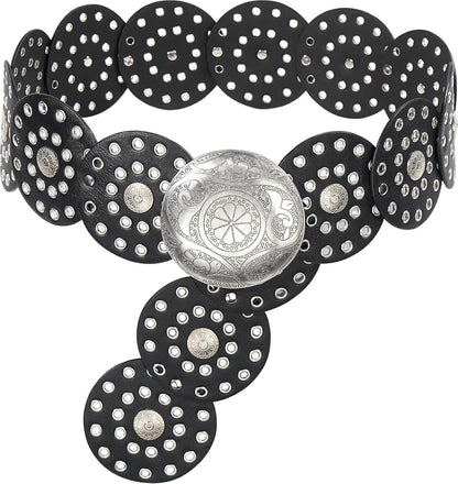 Wide Disc Belt for Women Vintage Hollow Boho Leather Belt Western Chunky Waist Belt Cowboy Metal Buckle Concho Belts