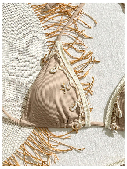 Women's 2 Piece Sexy Halter Triangle Bikinis Seashell Tie