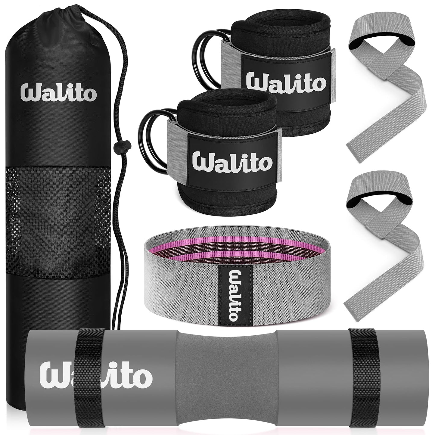 WALITO 7Pcs Barbell Pad Set for Hip Thrust - Squat Pad,Gym Accessories for Women with Bar Bad,Bench Press, with Gym Ankle Straps,Resistance Bands for Working Out,Lifting Strap,Carry Bag