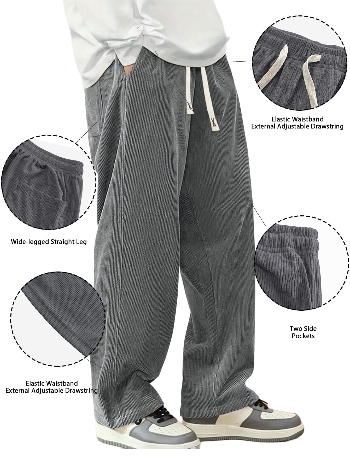 Mens Corduroy Casual Pants Fashion Loose Fit Wide Leg Pants Straight Sweatpants Elastic Waist Drawstring